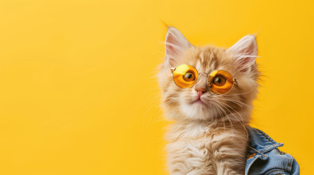 A charming playful cat wearing stylish sunglasses and a denim jacket poses against a vibrant yellow backdrop, radiating fun and personality.の素材
