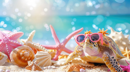 A cheerful turtle sporting pink sunglasses relaxes on a sandy beach, surrounded by colorful seashells and starfish under the shining sun and ocean waves.の素材