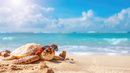 A charming turtle lounges on a sun-kissed beach, sporting stylish sunglasses against a backdrop of vibrant ocean waves and a clear blue sky.の素材