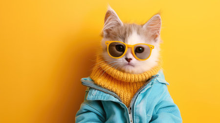This charming image features a cute cat wearing stylish sunglasses and a cozy sweater against a vibrant yellow background, perfect for fun and fashion themes.の素材