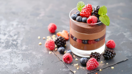 A delightful chocolate mousse served in a clear glass, layered with fresh berries and mint, perfect for an elegant dessert presentation.の素材