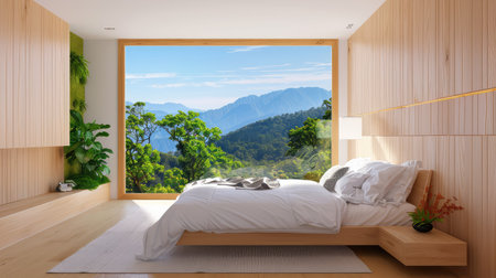 A tranquil bedroom featuring a large window with a breathtaking mountain view, highlighting wooden decor and a seamless blend of nature and comfort.の素材