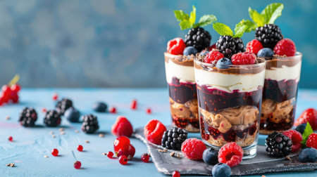 This stunning dessert features layers of creamy sweetness, chocolate, and fresh berries, creating an eye-catching parfait. Perfect for any occasion!の素材