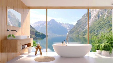 This beautiful modern bathroom features a sleek bathtub overlooking majestic mountains and a serene lake, embodying tranquility and relaxation.の素材