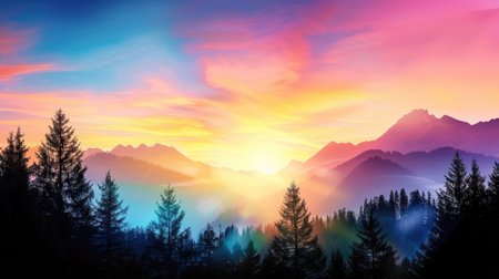 Experience the beauty of a stunning sunrise illuminating misty mountains, with vibrant colors painting the sky and silhouetted pine trees creating a serene landscape.の素材