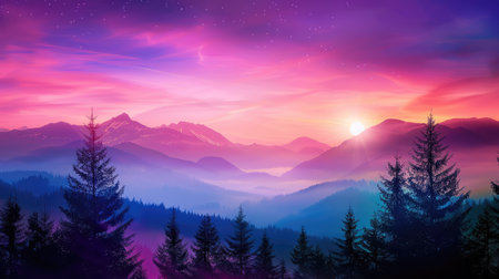 Experience the breathtaking beauty of a majestic sunrise over a serene mountain landscape, featuring colorful skies and silhouetted evergreen trees. Perfect for nature lovers.の素材
