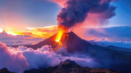 A stunning volcanic eruption unfolds at sunrise, showcasing flowing lava and billowing smoke against a vibrant sky. This breathtaking landscape captures the raw energy of nature.の素材