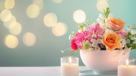 A stunning floral arrangement featuring vibrant flowers and soft candles adds elegance to any space. Perfect for romantic settings or special occasions.の素材