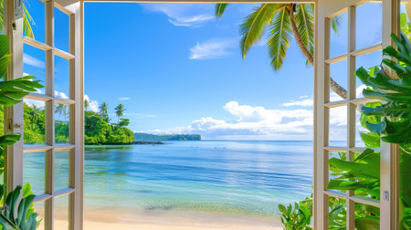 A breathtaking view of a serene beach scene with open windows framing the ocean and palm trees, inviting relaxation and tranquility in nature.の素材