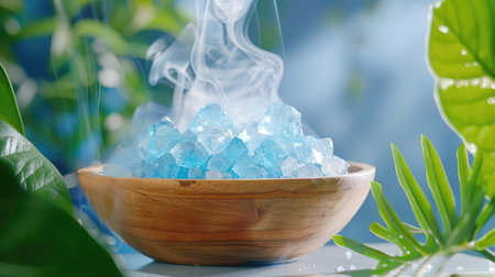 A serene arrangement featuring blue crystals in a wooden bowl, emitting gentle smoke, surrounded by fresh green leaves, creating a calming atmosphere.の素材