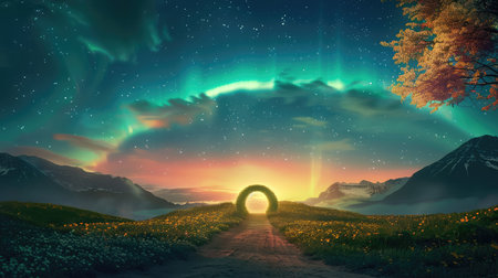 This breathtaking image captures a vibrant landscape featuring a serene pathway adorned with flowers, framed by majestic mountains and a stunning aurora borealis lighting up the night sky.の素材