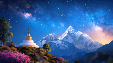 A stunning landscape featuring a stupa set against majestic mountains and a vibrant night sky filled with stars, creating a peaceful atmosphere.の素材