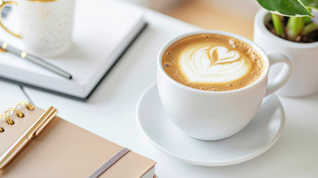 A tranquil scene featuring a cup of coffee with heart latte art, complemented by a clean notebook and a lush plant, perfect for any cozy workspace.の素材