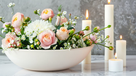 A stunning floral arrangement featuring pink roses and white flowers, accompanied by lit candles, exuding elegance and warmth on a marble surface.の素材