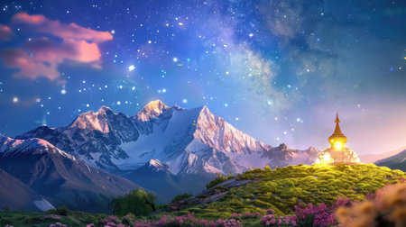 This stunning image features a majestic mountain landscape under a starry sky, complemented by a serene pagoda, showcasing natureの素材