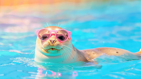 A charming seal floats in a bright blue pool wearing trendy pink sunglasses, showcasing a playful and cheerful atmosphere of summer fun.の素材