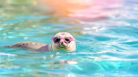 A cheerful seal gracefully floats in bright blue water while wearing stylish sunglasses. This playful scene captures the joy and whimsy of marine life under sunlight.の素材