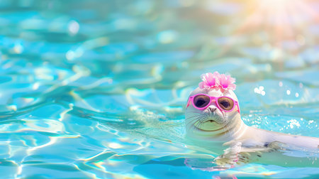 A charming seal enjoying a sunny day by swimming in a picturesque pool. The seal wears cute sunglasses and a flower crown, radiating joy.の素材