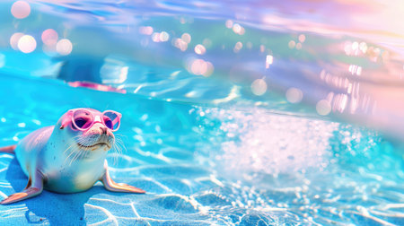 A charming seal relaxes in a pool, wearing bright pink sunglasses and soaking up the summer sun. The shimmering water creates a magical atmosphere.の素材