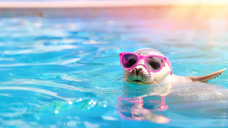 A cheerful seal showcases its playful side while wearing trendy pink sunglasses in a shimmering blue pool, capturing the essence of summer fun.の素材