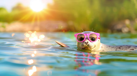 A playful seal wearing pink sunglasses swims in sparkling water, reflecting sunlight and surrounded by vibrant greenery. Perfect for summer themes.の素材