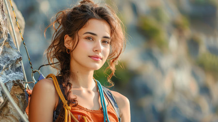 A young woman with a soft expression stands outdoors, radiating natural beauty. Surrounded by mountainous scenery, she embodies serenity and adventure.の素材