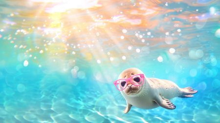 A whimsical seal swims gracefully in beautiful blue water, wearing bright sunglasses, capturing a joyful moment in nature's vibrant setting.の素材