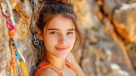 A vibrant young woman smiles warmly while resting against a rocky climbing surface. Her adventurous spirit shines through in this outdoor setting.の素材