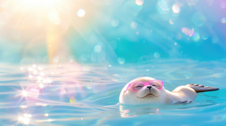 A charming seal wearing pink sunglasses floats peacefully in a vibrant blue ocean. Soft bokeh lights add a magical touch to this joyful scene, evoking a sense of summer fun.の素材