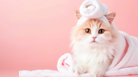 A fluffy, adorable cat wrapped in a soft towel is radiating relaxation in a charming pink background, perfect for cozy and cheerful imagery.の素材
