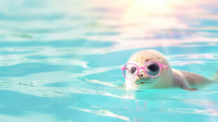 A delightful baby seal swims gracefully in shimmering blue water, wearing playful sunglasses that enhance its adorable charm under warm sunlight.の素材
