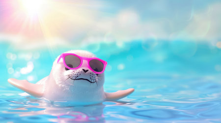 A charming baby seal enjoys a sunny day in the shimmering ocean, wearing pink sunglasses. This adorable scene captures the essence of summer fun and tranquility.の素材