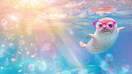 A playful seal with bright pink glasses swims gracefully in a colorful underwater setting filled with bubbles and sunlight, capturing joy and innocence.の素材