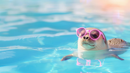 A cheerful seal wears trendy pink sunglasses while swimming in a sparkling blue pool, capturing the essence of summer fun and playfulness in a vibrant setting.の素材