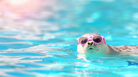 A charming seal floats in a sparkling blue pool, wearing stylish pink sunglasses, creating a joyful and lighthearted atmosphere perfect for summer fun.の素材