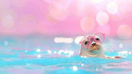 A charming seal with heart-shaped glasses playfully swims in bright blue water against a soft pink background, evoking joy and whimsy. Perfect for animal lovers.の素材
