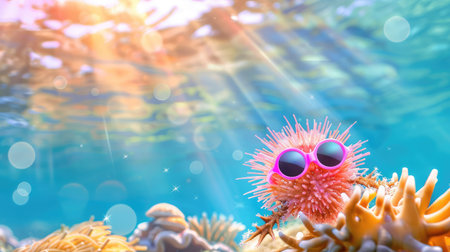 A whimsical sea creature wearing sunglasses playfully poses amidst vibrant coral. Sunlight filters through the water, creating a serene underwater scene.の素材