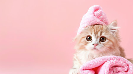 A charming fluffy cat wrapped in a cozy pink towel, wearing a matching hat, poses adorably against a soft pink backdrop, perfect for cat lovers.の素材