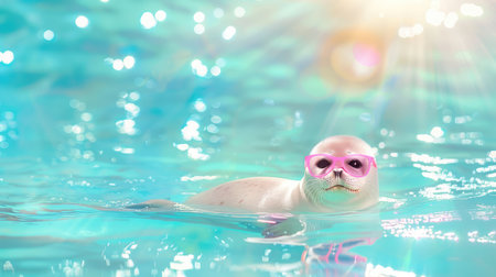 A charming seal swims gracefully through sparkling blue water while wearing playful pink goggles. The sunlight creates a vibrant scene, enhancing the joyful atmosphere.の素材