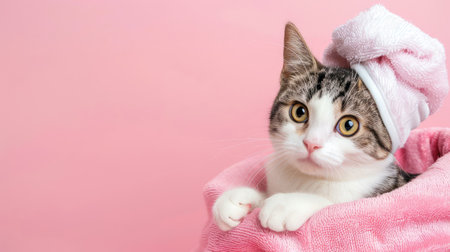 A charming cat wrapped in a soft pink towel with a bathing headband set against a light pink background, radiating joy and playful spirit.の素材