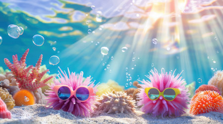 Two cute sea creatures with sunglasses relax in a vibrant underwater scene filled with colorful coral and bubbles, radiating joy and summer vibes.の素材