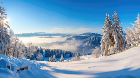 A stunning winter landscape featuring snow-covered trees, a misty valley, and a bright blue sky. This serene scene captures the beauty of nature in winter.の素材