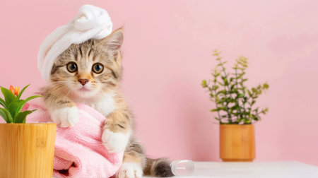 This charming image captures an adorable kitten resting on a soft towel, surrounded by small plants and a delightful pink background. Perfect for pet lovers!の素材