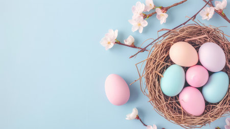A charming arrangement featuring colorful Easter eggs nestled in a natural nest, complemented by delicate cherry blossom flowers against a serene blue background.の素材
