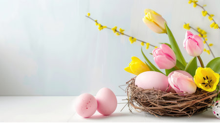 A beautiful spring arrangement featuring pink and yellow tulips along with decorative eggs in a natural nest. This vibrant composition symbolizes Easter joy and celebration.の素材