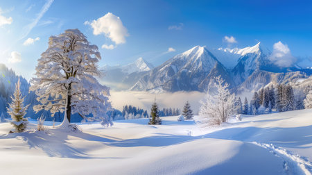 A breathtaking winter scene featuring a snow-covered landscape with majestic mountains and a bright blue sky, evoking tranquility and natural beauty.の素材