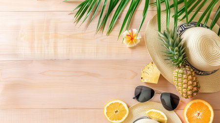 A vibrant arrangement of tropical vacation essentials, featuring straw hats, sunglasses, freshly cut fruits, and palm leaves against a wooden background.の素材