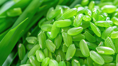 This image captures a close-up of vibrant green seed pods nestled among lush green foliage, perfectly illustrating the beauty of nature and agricultural growth.の素材