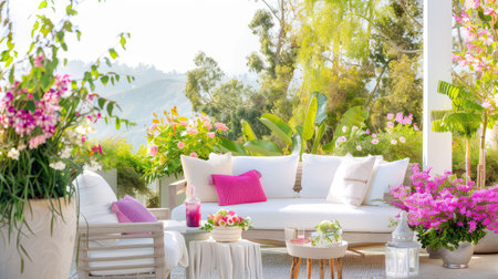 A beautifully curated outdoor lounge area featuring a comfortable sofa adorned with plush cushions, surrounded by a vibrant display of flowers and greenery, perfect for relaxation and enjoyment in a sunlit environment.の素材