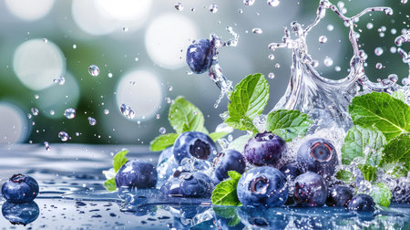 A stunning image of fresh blueberries splashing into clear water, surrounded by vibrant mint leaves, creating a refreshing and lively atmosphere.の素材